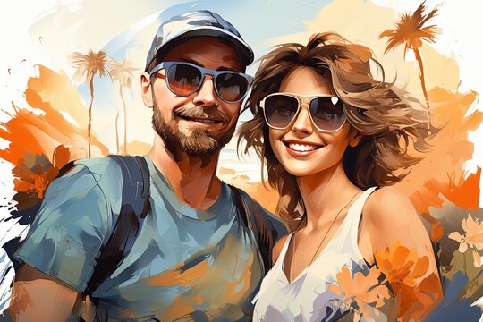 Smiling couple taking selfie with smartphone on beach summer. Holidays, vacation, travel and people concept. young happy couple in love newlyweds traveling on vacation taking selfie, Generative AI