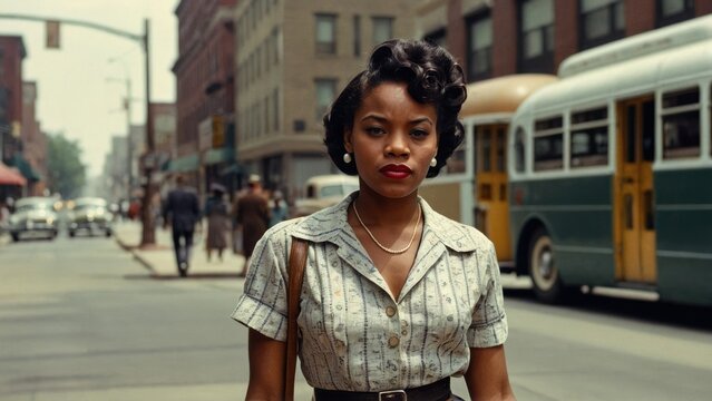 Streets of History Vintage Image Showing a Young Black Woman Walking Along the Urban Landscape of a US City in the 1950s