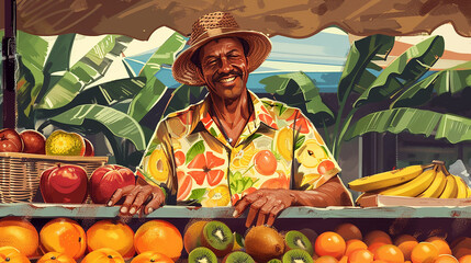 barraca de frutas. Um homem sorridente está vendendo frutas. Há um kiwi, uma laranja, uma maçã e uma banana na barraca de frutas