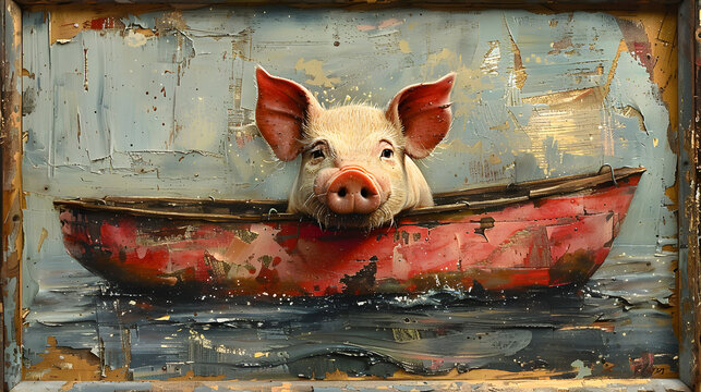 A whimsical oil painting of an adorable pig peeking out from a rustic boat, playful yet profound