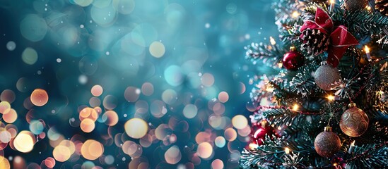 Obraz na płótnie Canvas Festive Christmas Tree Banner Decorations on Blue Bokeh Background