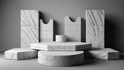 White Stone Slab Podium 3D Rendering of Stone Slabs Arranged to Form a Product Podium, Perfect for Exhibitions or Presentations of Cosmetic Products or Packaging