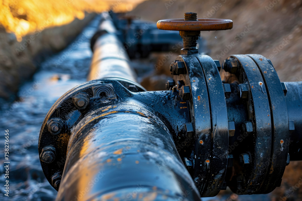 Poster close-up of a pipeline with a valve. the valve is open, and oil is flowing through the pipeline