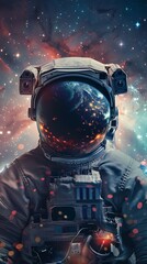 Portrait of an astronaut and space view mirroring on the helmet. Vertical poster with copy space - obrazy, fototapety, plakaty
