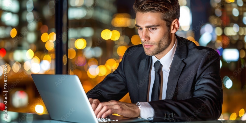 Aufkleber analytical focus: a businessman intently studies data and charts, reflecting the depth of strategic 