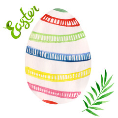 Watercolor colorful egg and green branch illustration for Easter egg hunt. Hand painted lettering.
- 758277011