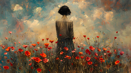 An abstract painting of a woman standing in a vivid field of red poppies, suggestive of introspection