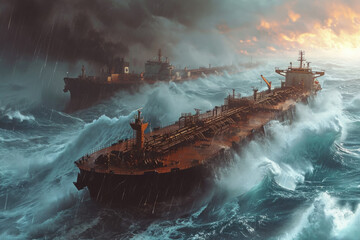 group of oil tankers in a stormy sea. The tankers are struggling to stay afloat, and there are waves crashing in the background - obrazy, fototapety, plakaty