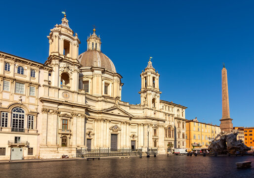 Sant'Agnese in Agone church and Fountain of Four Rivers (Fontana dei Quattro Fiumi) on Piazza Navona square, Rome, Italy