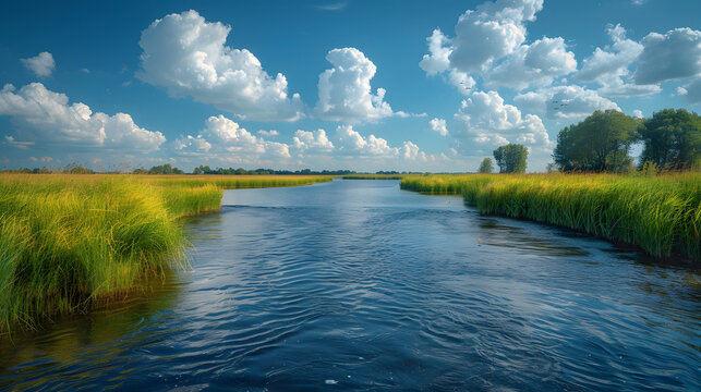 This image showcases a tranquil river with towering cumulus clouds reflecting the light of day