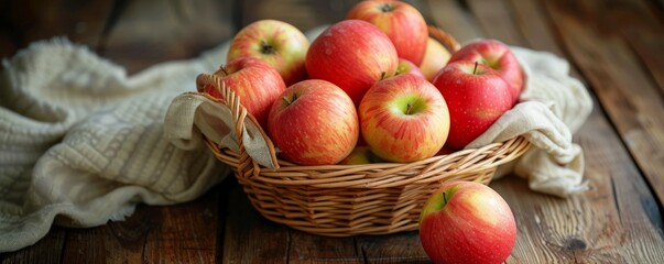 A basket of red apples on a rustic wooden table and a piece of cloth decor - obrazy, fototapety, plakaty