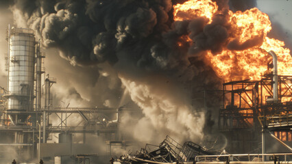 A catastrophic explosion at an industrial facility unleashes chaos and smoke.