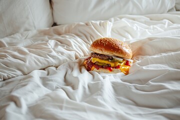 Tasty juicy burger in bed