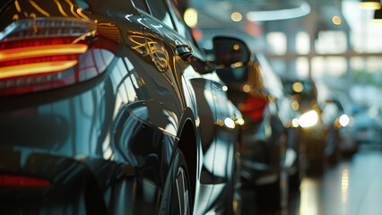 Fototapeta na wymiar Sleek luxury cars showcased in a dealership with an enticing reflective finish.