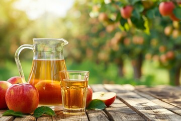 Fresh apple juice glass and jug on a wooden table in a garden