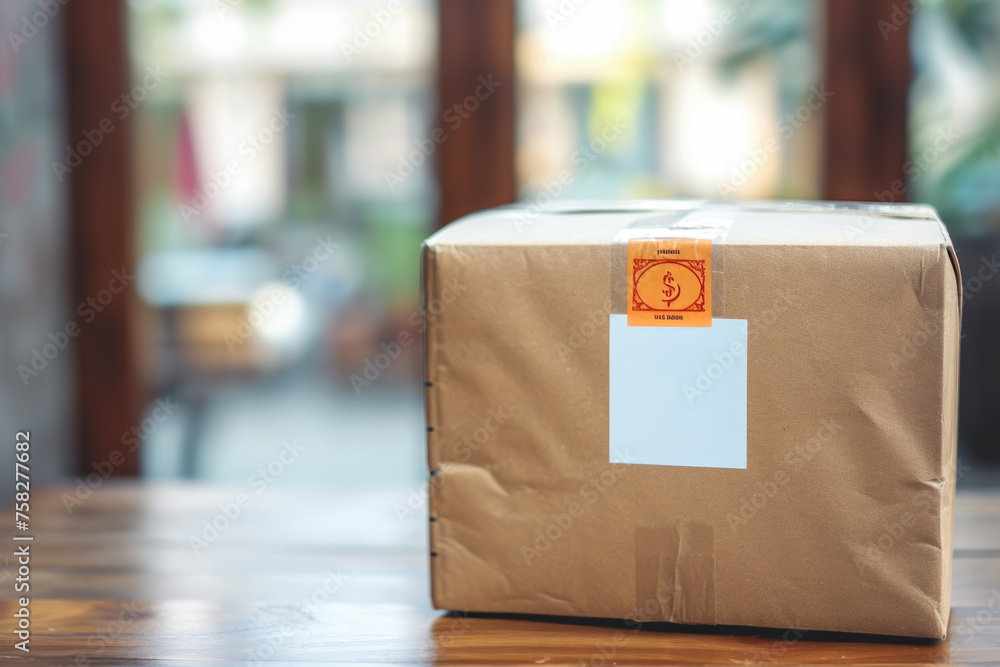 Poster parcel with a white color and a envelope shape and a delivery overlay on the stamp
