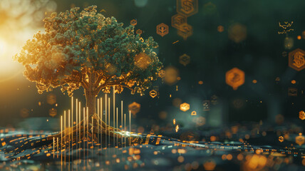 A digital tree with glowing leaves emerges from a circuit board, symbolizing technology and nature fusion.