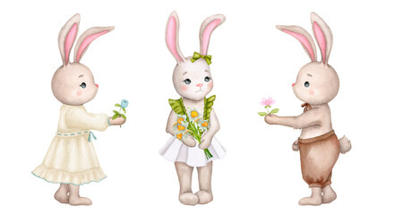 Set of cute bunnies with flowers. Children's illustration. Hand drawn watercolor. Baby shower, birthday, children's party. Clipart for print, invitation, poster, greeting card