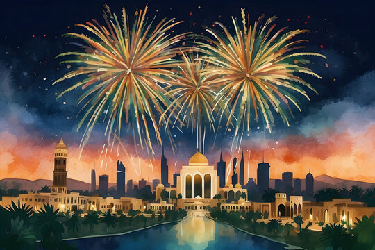 Watercolour illustration of fireworks over Saudi Arabia landmarks to celebrate Flag Day design.