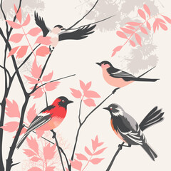 Vector with bullfinches and rowan branches, hand drawn in pastel colors - obrazy, fototapety, plakaty