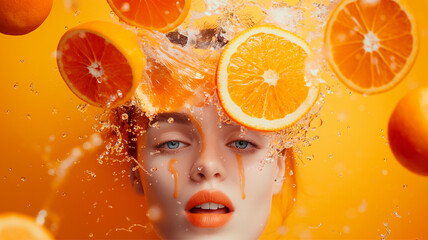 Beautiful woman with fresh minced orange slices on her head with splashes of water. nutrition concept