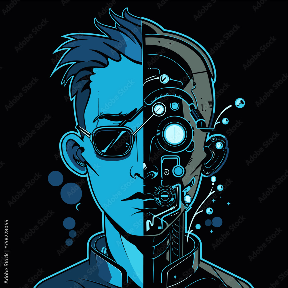 Poster vector illustration of a futuristic man with a robot head in space.