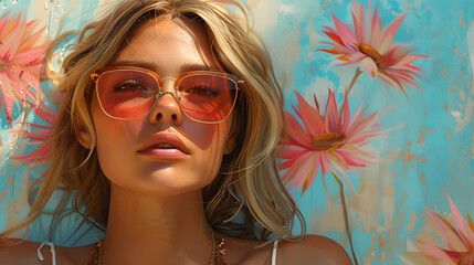 Glamorous image of introspective woman in oversized sunglasses, with a floral background