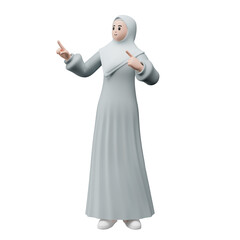 3D render portrait of muslim people wearing hijab. Happy young adult woman pointing and showing product to the side. Eid mubarak Concept.