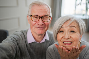 Happy senior woman man talk on video call with friends family. Mature old grandmother grandfather talking speaking with grown up children online. Older generation modern tech usage. Webcamera view