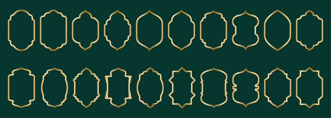 Gold arch frame shape Islamic door or window, geometric pattern, silhouette Arabic arch. Luxury set in oriental style. Frames in Arabic Muslim design for Ramadan Kareem. Vector illustration