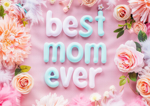 Best Mom Ever Celebration 3D Text Surrounded by Flowers on Pink Textile Background