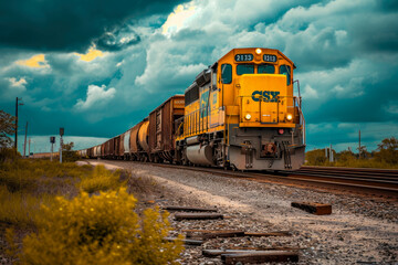 train with a yellow color and a locomotive shape and a freight overlay on the front - obrazy, fototapety, plakaty