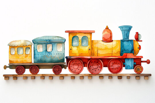 Colorful toy train with red wheels on white background