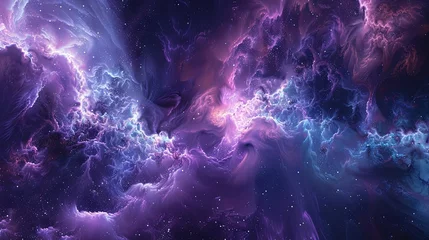 Deurstickers Surreal cosmic landscape with swirling nebula clouds in vibrant purple and pink hues against a starry sky. © soysuwan123