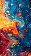 Vivid swirls of blue, red, and yellow create a dynamic and colorful abstract fluid art composition.