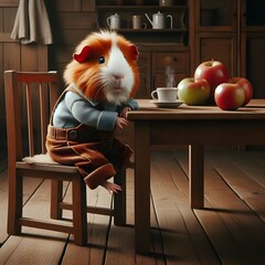 A red-haired guinea pig in a corduroy jumpsuit and blue shirt sits at a wooden table. - obrazy, fototapety, plakaty