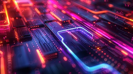 Close-up of a futuristic circuit board illuminated by neon blue and pink lights, depicting advanced technology.