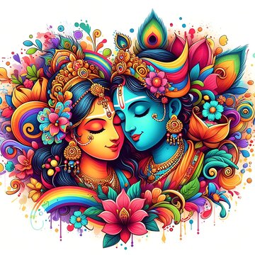 A colorful illustration depicting the divine love between Radha and Krishna during the Holi festival