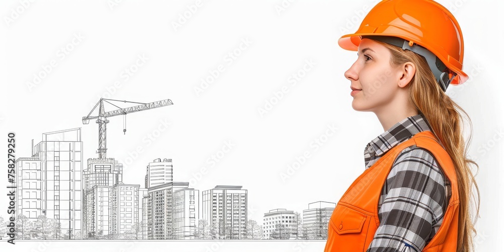 Poster blueprint of ambition: a female engineer overlays visions of urban development, reflecting the conve