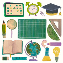 Stationery and education watercolor vector illustration. back to school.	