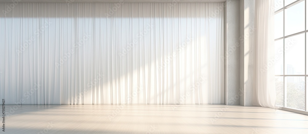 Aufkleber an empty room with grey hardwood flooring, a lot of windows with blinds on the wall. the window trea