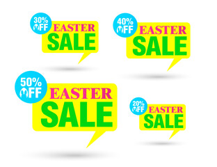 Easter sale. Yellow tag speech bubble. Set of 20%, 30%, 40%, 50% off discount