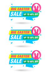 Big Easter sale. Blue origami labels set. Sale 40%, 50%, 60% off discount