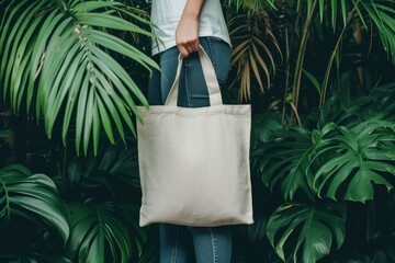 Linen tote bag mockup held by a woman with tropical greenery background
