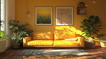 This interior design photo captures a modern living room embracing Scandinavian minimalism, featuring minimalist furniture, abundant natural light, and strategically placed plants for a serene ambianc
