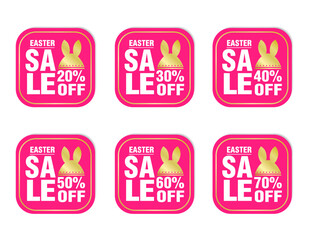 Easter sale stickers pink set. Sale 20%, 30%, 40%, 50%, 60%, 70% off discount