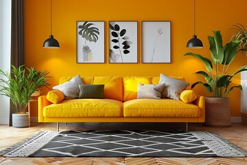 This interior design photo captures a modern living room embracing Scandinavian minimalism, featuring minimalist furniture, abundant natural light, and strategically placed plants for a serene ambianc