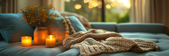 A cozy sanctuary in the home, a place in the home where you can enjoy peace and quiet, separated from the main living areas. Living room in warm colors. Banner. - obrazy, fototapety, plakaty