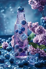 A refreshing mason jar of blueberry-infused water, with ripe blueberries and a mint leaf garnish, on a vibrant blue background. - obrazy, fototapety, plakaty