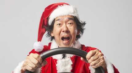 homem japones vestido de papai noel  segurando o volante isolado, expressão engraçada, promoção para tirar carta de habilitação de motorista promoção de natal  - obrazy, fototapety, plakaty